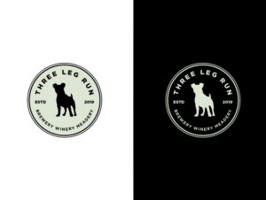 Three Leg Run around the top of the logo; Brewery Winery Meadery along the bottom of the logo spaced out; all in a circular pattern; A silhouette of Jack Russell Terrior dog in the center of the logo; all wording and dog picture in black; light green/sage background color with thin black edge for outside border | Logo Design by wonderland