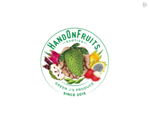 Name : HandOnFruits  Slogan : fresh and exotics Green Js Produce since 2015 | Diseño de Logo por D_Mantra