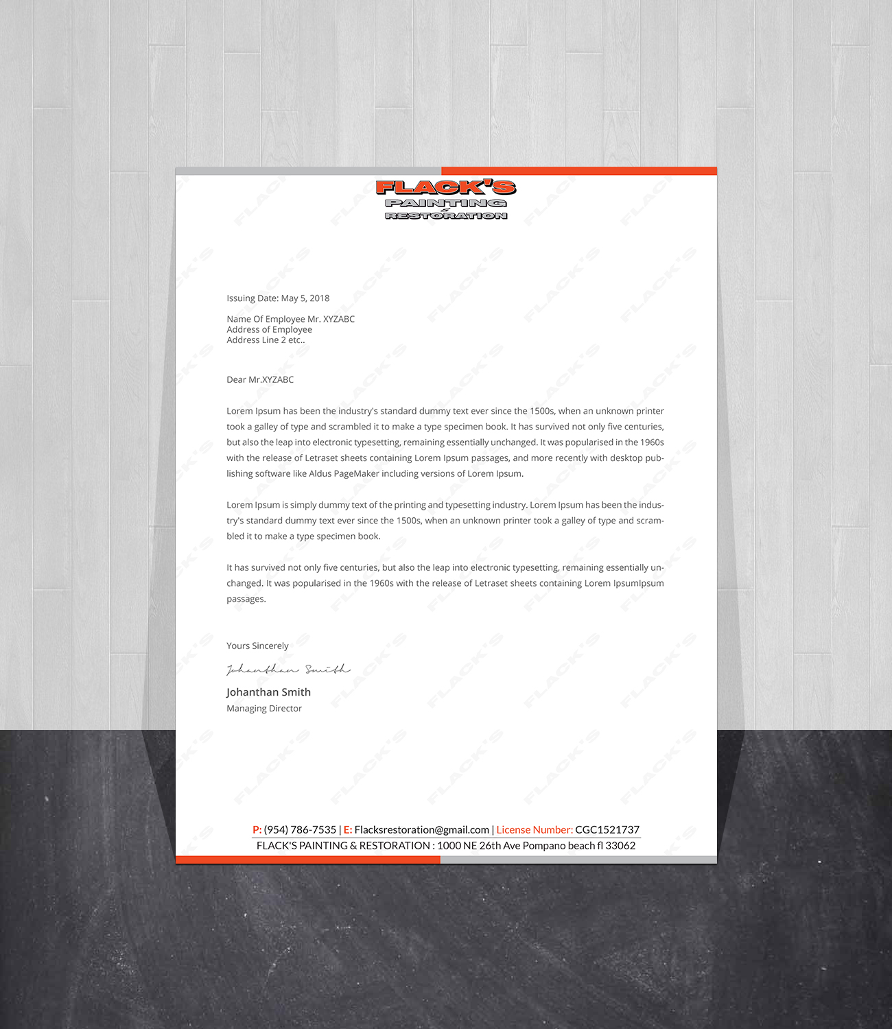 Letterhead Design by Creations Box 2015 for Flack's Painting & Waterproofing Inc. | Design #22997423