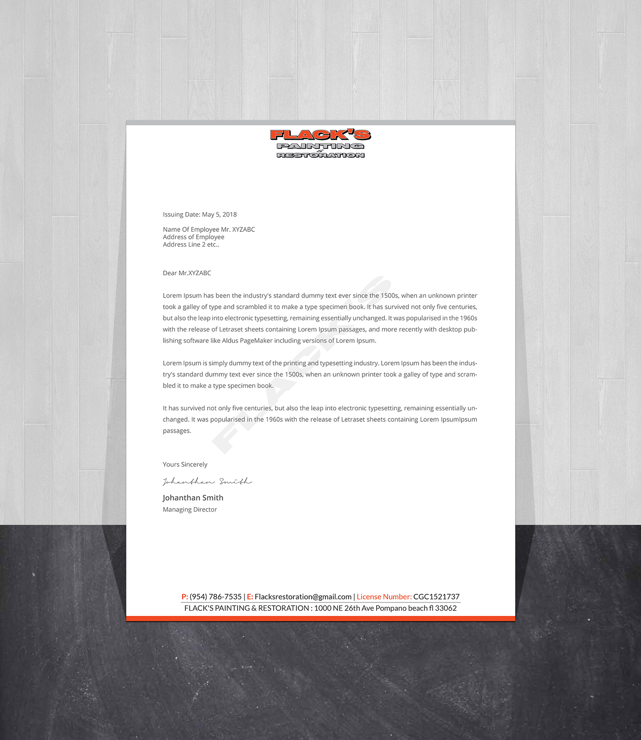 Letterhead Design by Creations Box 2015 for Flack's Painting & Waterproofing Inc. | Design #22997424