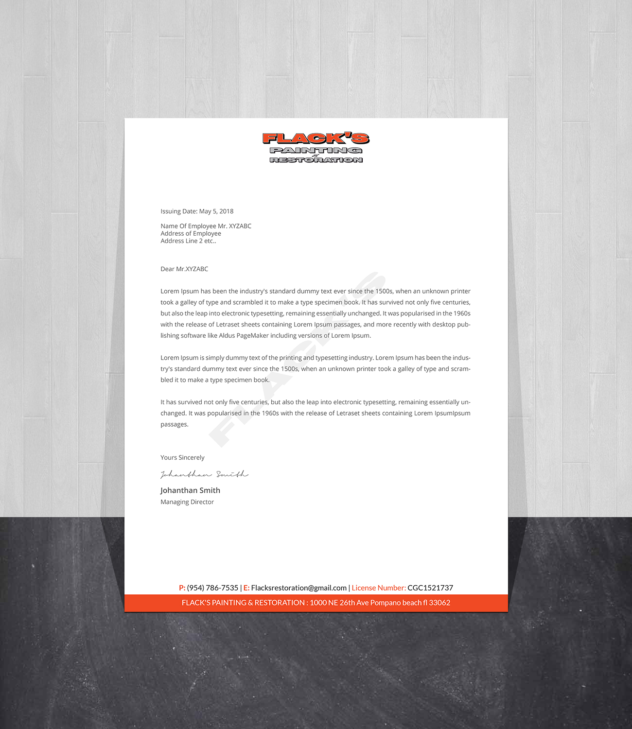 Letterhead Design by Creations Box 2015 for Flack's Painting & Waterproofing Inc. | Design #22997425