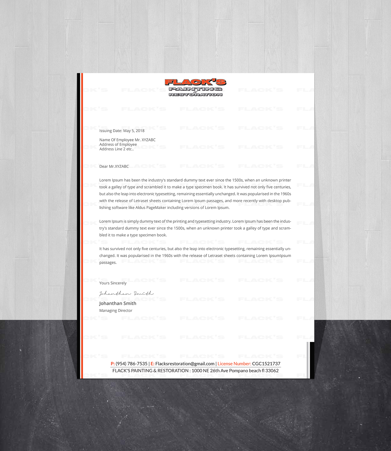 Letterhead Design by Creations Box 2015 for Flack's Painting & Waterproofing Inc. | Design #22997431