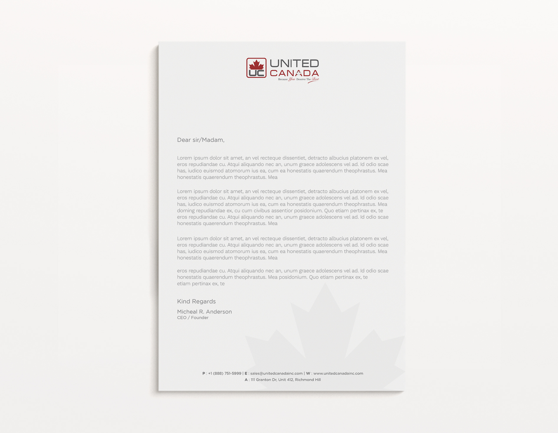 Letterhead Design by Tripti Ranjan Gain for United Canada Inc. | Design #23058642