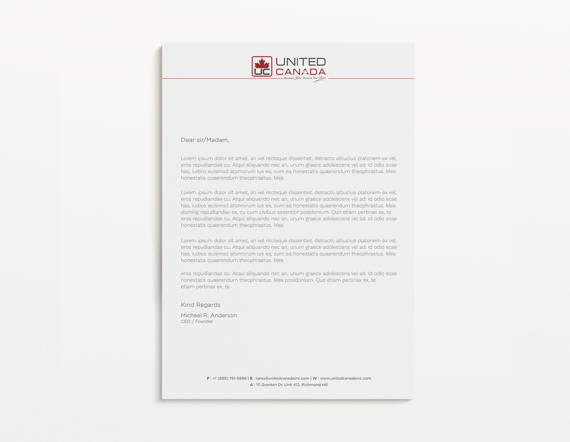 Letterhead Design by Tripti Ranjan Gain for United Canada Inc. | Design #23058644