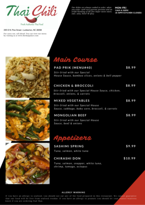 Menu Design by philona.ali for Thai Chili, LLC | Design #23044812