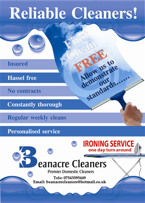 Diseño de Flyer por Black Stallions Impressive Solutions para Beanacre Cleaners | Diseño #720343