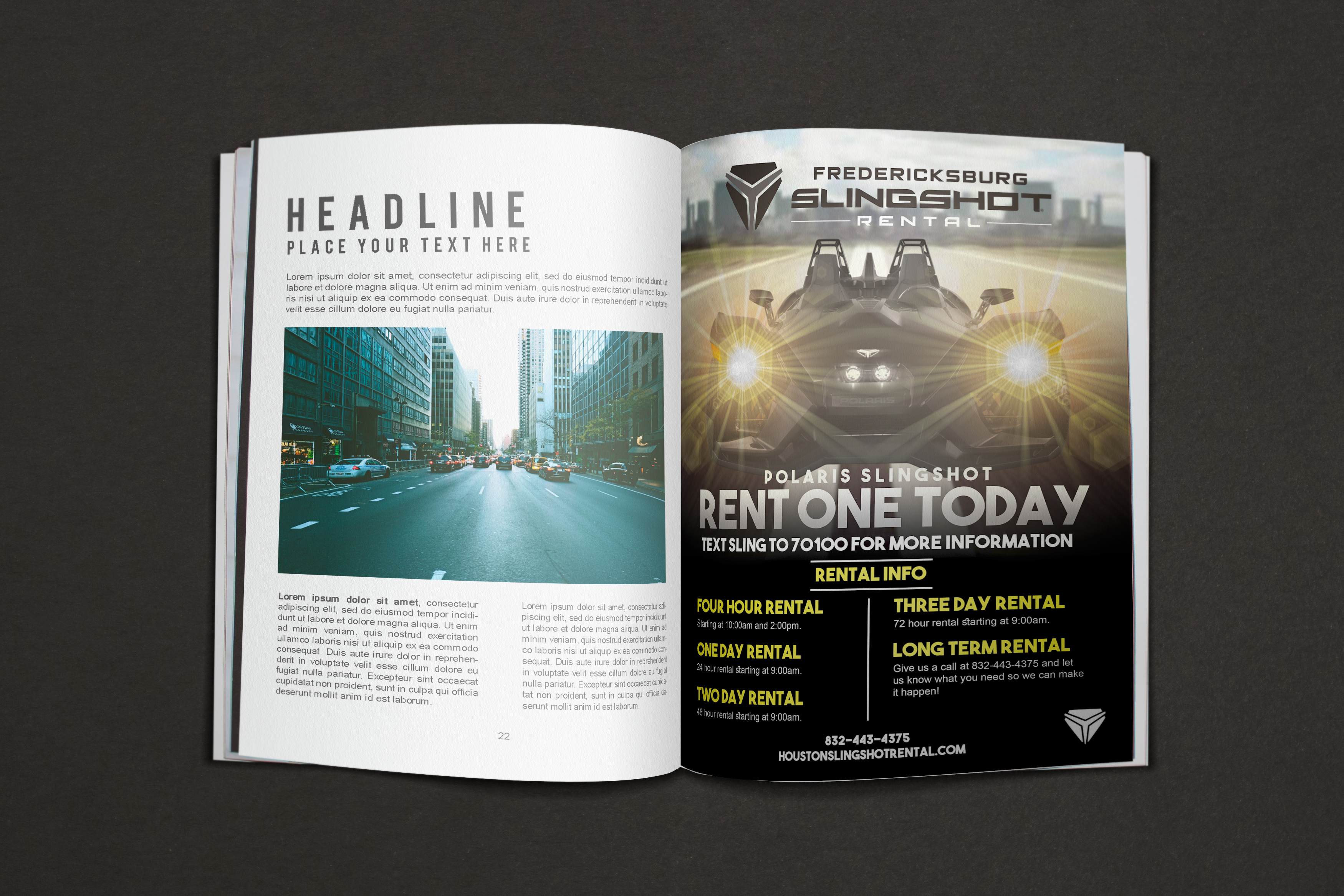 Magazine Design by Andre Samuels for Houston Slingshot Rental | Design #23305313