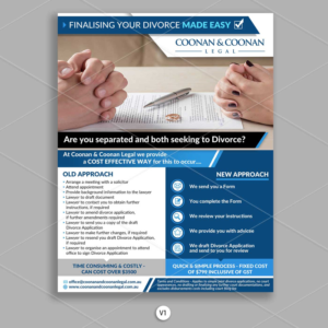 Flyer to be utilised on social media and email marketing - Making Divorce Applications Affordable | Graphic Design by DA.