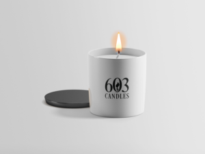 603 Candles, all natural soy candles, hand-poured in New Hampshire, area for scent description and size of container. | Etikett-Design von Sergio Coelho