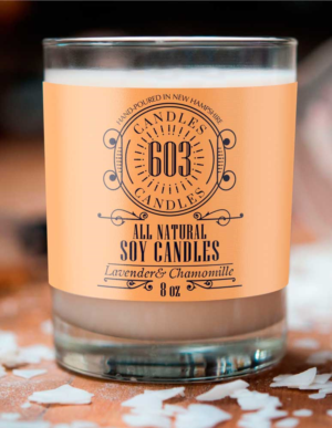 603 Candles, all natural soy candles, hand-poured in New Hampshire, area for scent description and size of container. | Design Étiquette par Soluciones Creativas