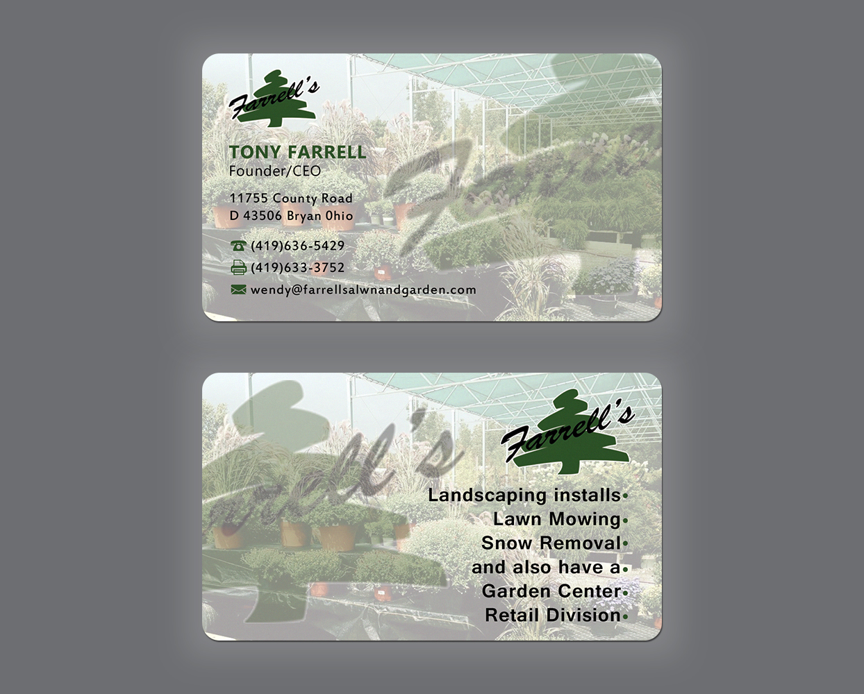 Business Card Design by Graphics Design Help for Farrell's Lawn & Garden Center LLC | Design #23621286