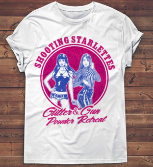 Sexy design for women shooting firearms class “Glitter and Gun Powder” | Diseño de Camiseta por creative gravity