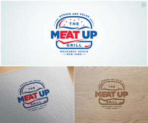 The Meat Up Grill  optional inserts can be: Burger and Salad, Rockaway Beach,  NY. I like the Phosphorus Inline Font in the past so similar fonts are welcome or to incorporate Phosphorus is good too.   | Design de Logo par D_Mantra