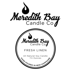 Meredith Bay Candle Co, All Natural Soy Candle, Hand-Poured in New Hampshire, A place to put a scent description and size of the jar contents in ounces. | Logo Design by collinlevine