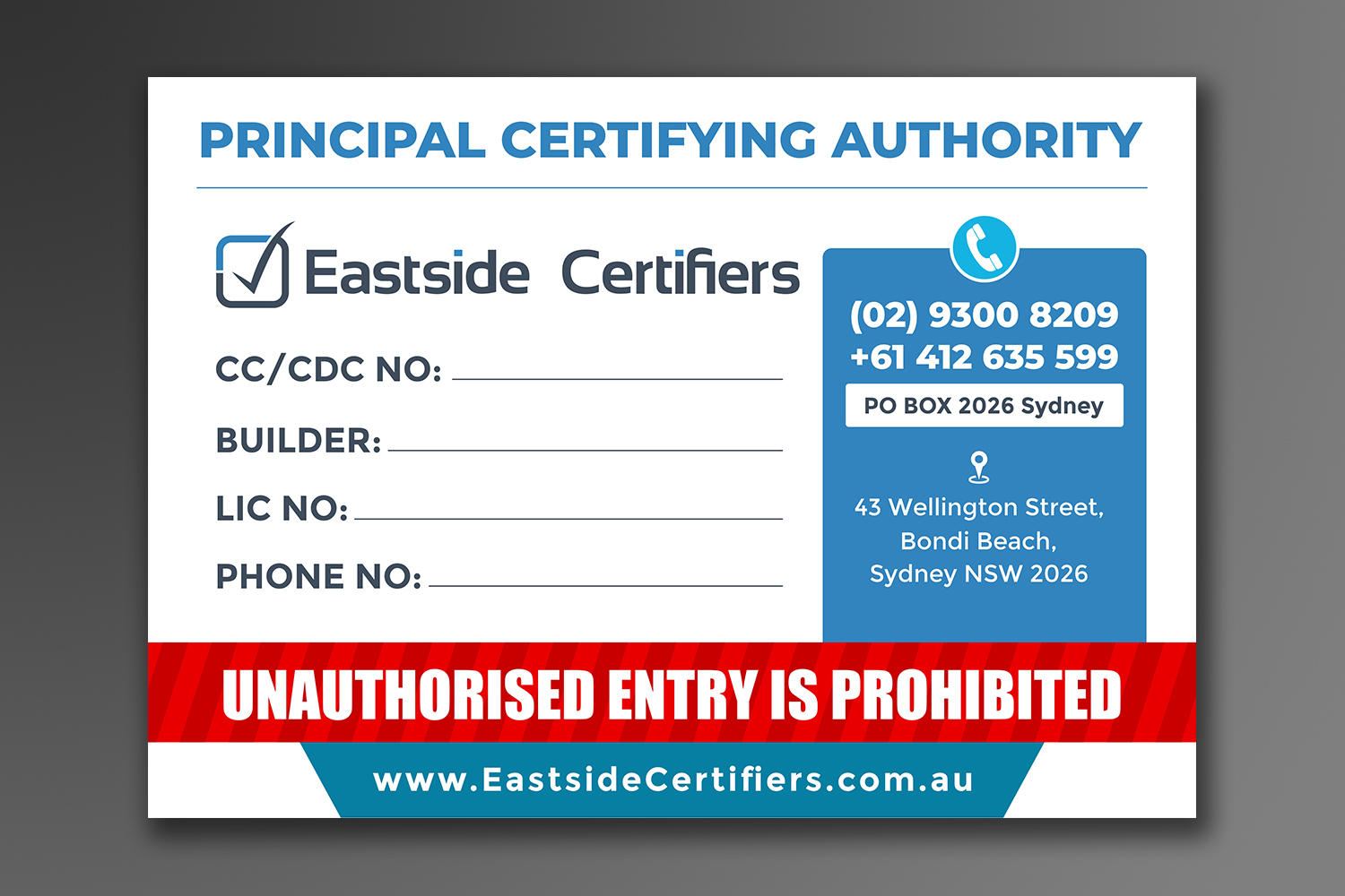 Design de Panneau par ecorokerz pour Eastside Certifiers | Design #23734351