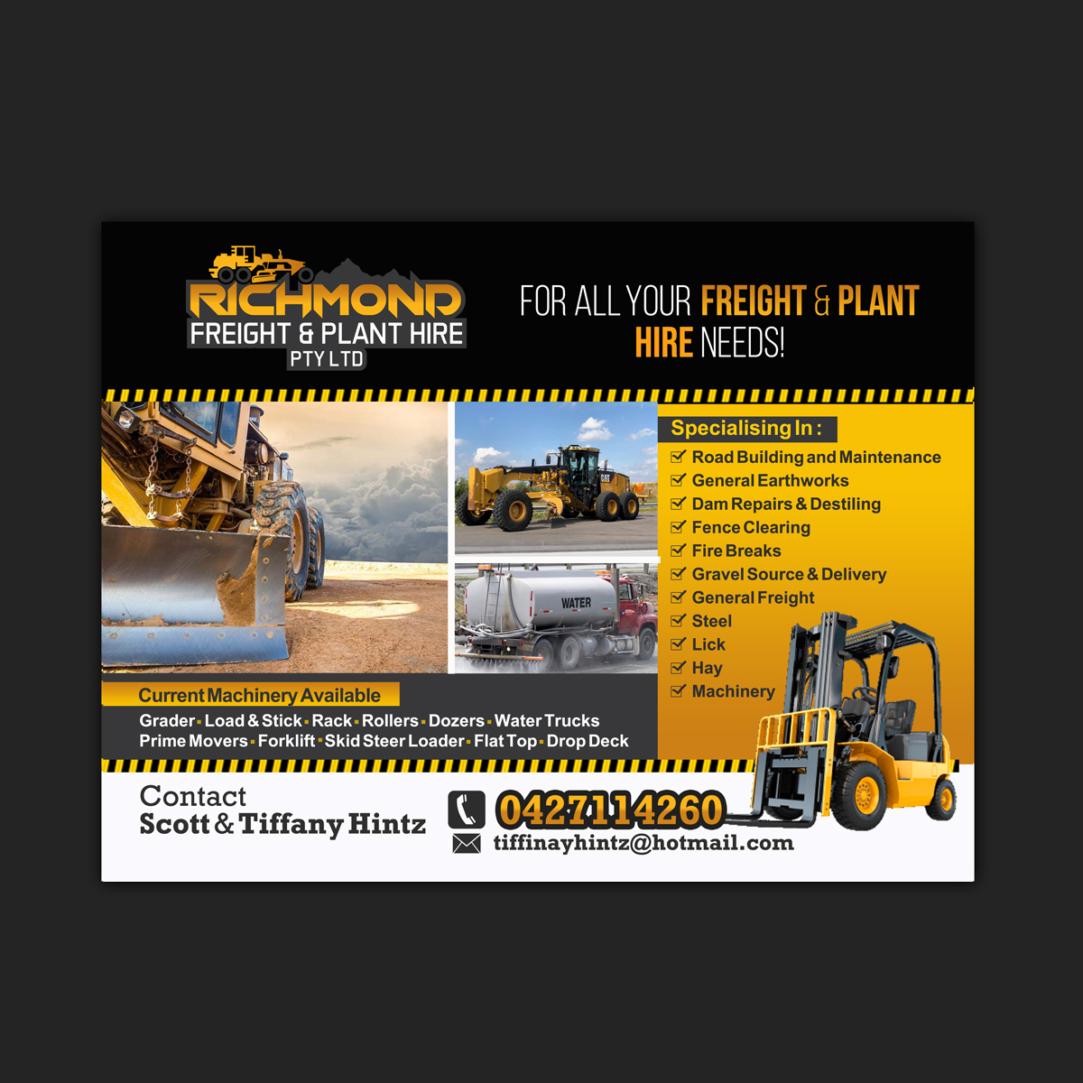 Flyer Design by NatPearlDesigns for Richmond Freight & Plant Hire Pty Ltd  | Design #23852528