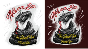 A Snake design with the words Never Bite the Hand T SHIRT  | T-shirt Design by Indre Ta