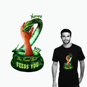 A Snake design with the words Never Bite the Hand T SHIRT  | T-shirt Design by warkaddarshan 2