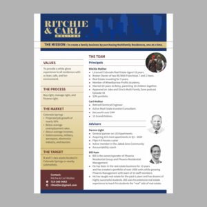 1 Page Bio, describing our Mission to buy multifamily properties in Colorado Springs. | Flyer Design by nng