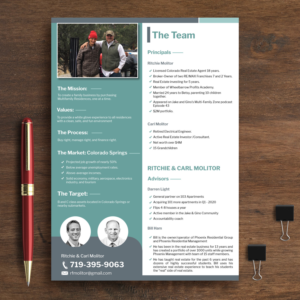 1 Page Bio, describing our Mission to buy multifamily properties in Colorado Springs. | Flyer Design by aspiremedia