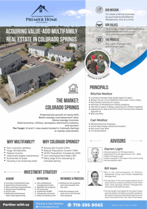 1 Page Bio, describing our Mission to buy multifamily properties in Colorado Springs. | Diseño de Flyer por angelcolmenares3