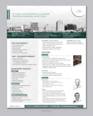 1 Page Bio, describing our Mission to buy multifamily properties in Colorado Springs. | Flyer Design by D Creative