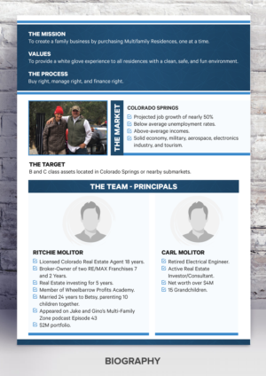1 Page Bio, describing our Mission to buy multifamily properties in Colorado Springs. | Diseño de Flyer por SAI DESIGNS