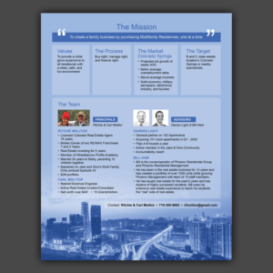 1 Page Bio, describing our Mission to buy multifamily properties in Colorado Springs. | Flyer Design by Emmanuel Creations