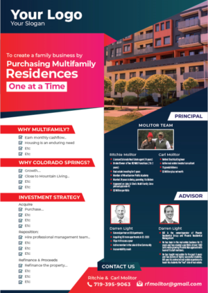 1 Page Bio, describing our Mission to buy multifamily properties in Colorado Springs. | Flyer Design by desainerd
