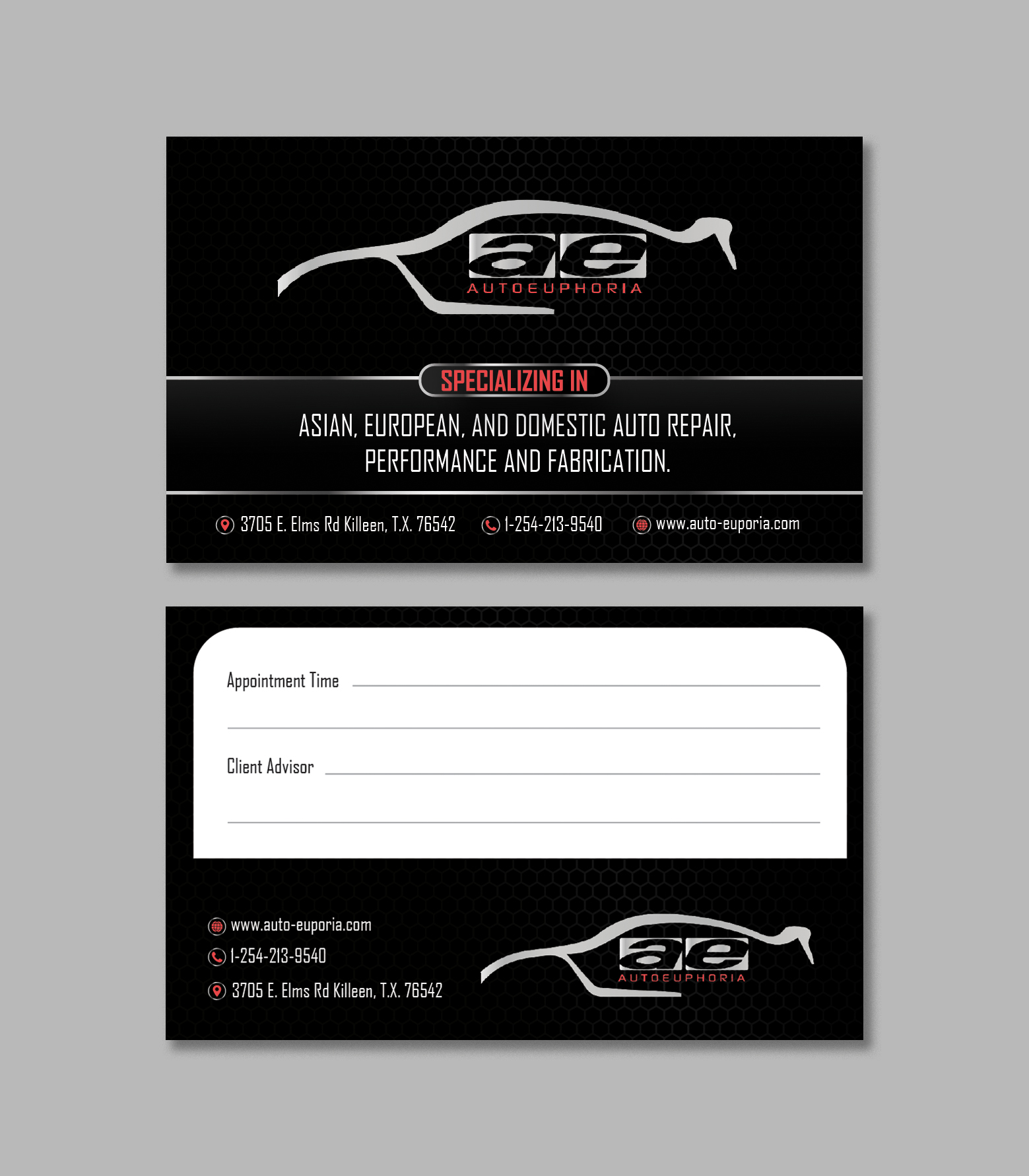 Design de Carte de Visite par D Creative pour Euphoria Auto Works LLC | Design #24491898