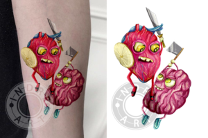 New School Brain Battling Heart Sleeve Tattoo | Design de Tatouage par Indre Ta