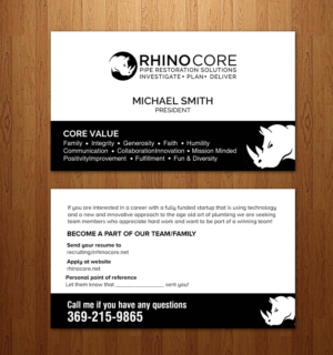 Rhino Core pipe restorations recruiting business card  | Business Card Design by chandrayaan.creative