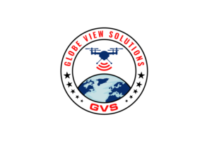 Globe View Solutions (red colour), GVS (red colour), Continents (dark blue), Oceans (light blue), Signal ))) (red colour), Drone (dark blue),  Stars, Contour (black colour) | Logo Design by ideaz2050