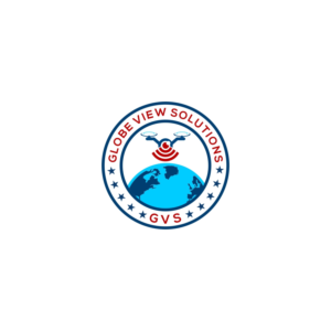Globe View Solutions (red colour), GVS (red colour), Continents (dark blue), Oceans (light blue), Signal ))) (red colour), Drone (dark blue),  Stars, Contour (black colour) | Diseño de Logo por Rhibas