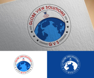 Globe View Solutions (red colour), GVS (red colour), Continents (dark blue), Oceans (light blue), Signal ))) (red colour), Drone (dark blue),  Stars, Contour (black colour) | Logo Design by anup bag