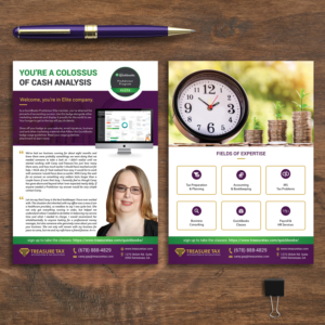 2 sided  5x7 Flyer for Treasure Tax advertising Bookkeeping Services and QuickBooks Classes | Design de Flyer par aspiremedia