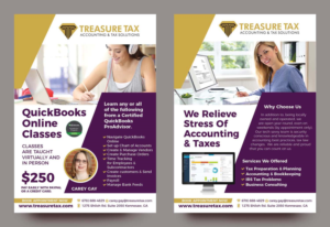 2 sided  5x7 Flyer for Treasure Tax advertising Bookkeeping Services and QuickBooks Classes | Design de Flyer par rkailas