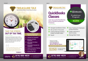 2 sided  5x7 Flyer for Treasure Tax advertising Bookkeeping Services and QuickBooks Classes | Design de Flyer par SAI DESIGNS