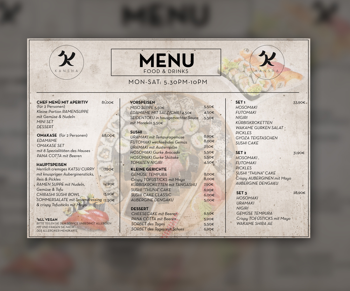 Menu Design by Prakhar Patel for KANSHA GmbH & Co KG | Design #25171120