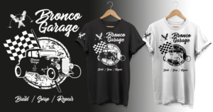 Bronco Garage - Hot Rod Vintage Motorsports T-Shirt | Diseño de Camiseta por Al Pech