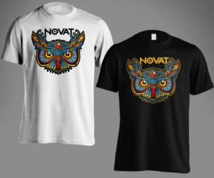 Big Multi color Owl face with the company name Novat somewhere in the image. | Diseño de Camiseta por Andi Yan