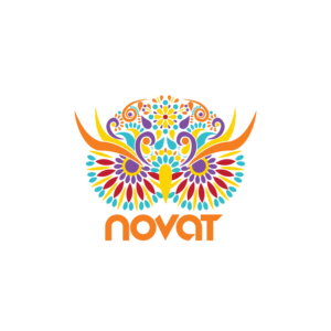 Big Multi color Owl face with the company name Novat somewhere in the image. | Diseño de Camiseta por Inaaina