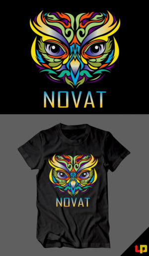 Big Multi color Owl face with the company name Novat somewhere in the image. | Diseño de Camiseta por Uprinteez