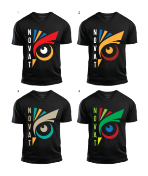 Big Multi color Owl face with the company name Novat somewhere in the image. | Diseño de Camiseta por geni