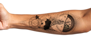 Forearm (underside) tattoo - clock/compass + bird | Design de Tatouage par edge design