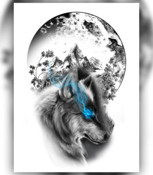 Mysterious Wolf by moonlight with ice blue eyes