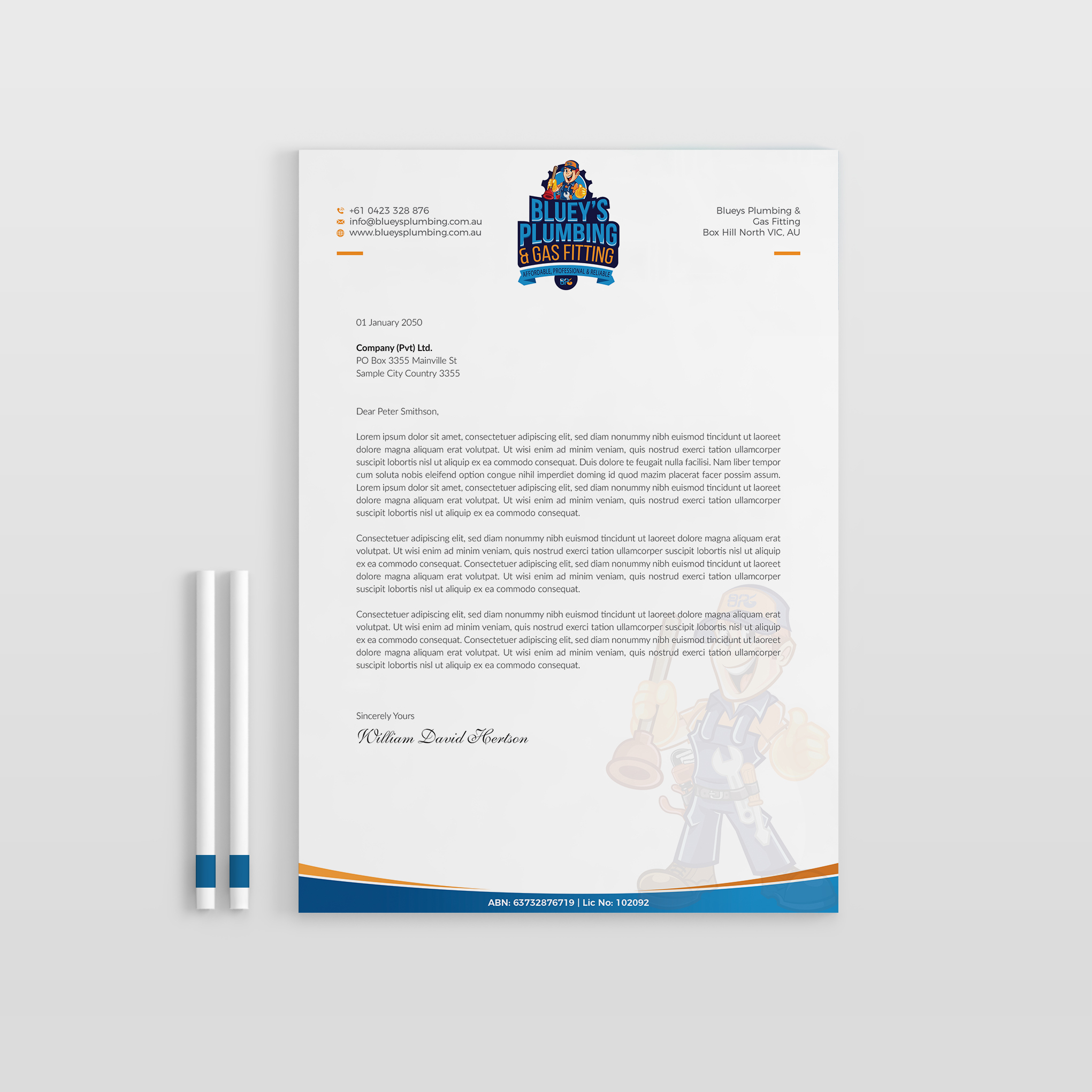 Letterhead Design by OxonoArt for www.blueysplumbing.com.au | Design #25855749