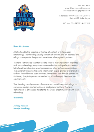 Letterhead Design by SonaDesigns for www.blueysplumbing.com.au | Design #25856620