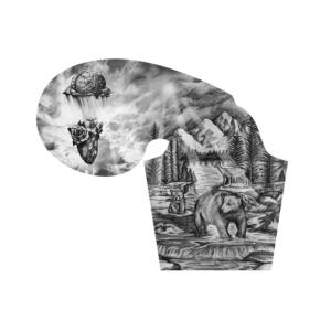 Half sleeve and chest tattoo of mountain, river, bear and cloud raining on a heart | Tattoo Design by NILDesigns