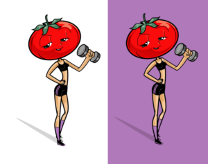 Ms. Tomato Head Character of female fitness coach doing a workout with a tomato head | Diseño Gráfico por ally designs
